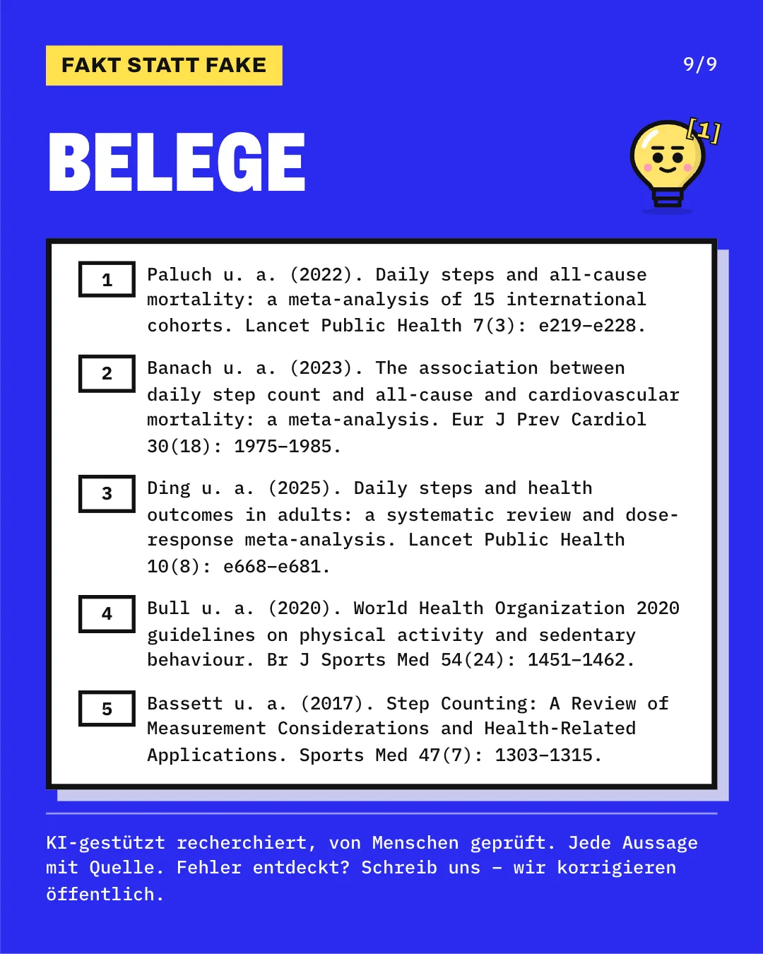 Slide 9: Die Slide listet die 5 Belege mit vollständiger Angabe auf. KI-gestützt recherchiert, von Menschen geprüft. Jede Aussage mit Quelle.