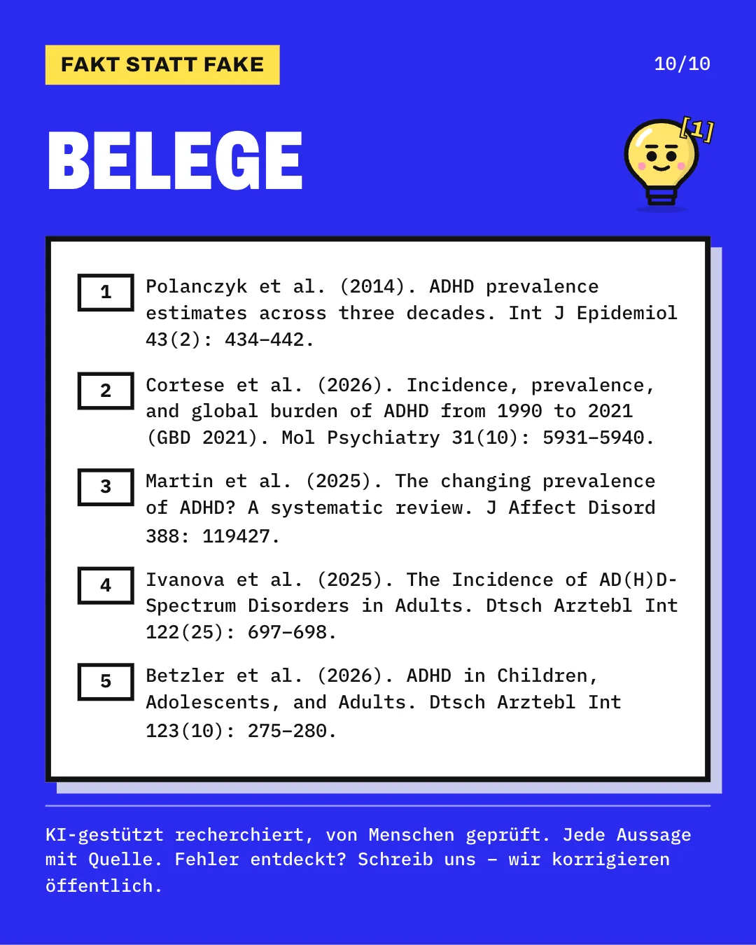 Slide 10: Die Slide listet die 5 Belege mit vollständiger Angabe auf. KI-gestützt recherchiert, von Menschen geprüft. Jede Aussage mit Quelle.