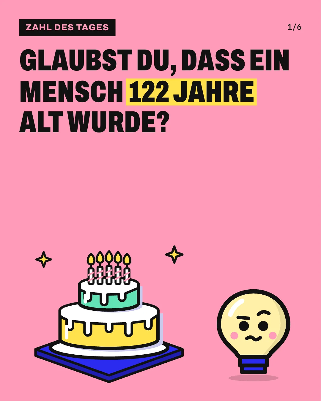 Slide 1: Glaubst du, dass ein Mensch 122 Jahre alt wurde? Auf einer blauen Fläche steht eine zweistöckige Geburtstagstorte mit weißem Zuckerguss und 5 brennenden Kerzen auf einem weißen Teller, darüber funkeln 2 gelbe Sterne, und daneben steht Kopfi, die Glühbirne.