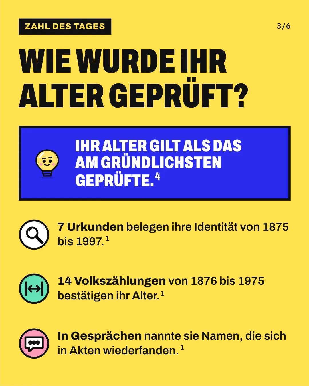 Slide 3: Wie wurde ihr Alter geprüft? 7 Urkunden belegen ihre Identität von 1875 bis 1997. 14 Volkszählungen von 1876 bis 1975 bestätigen ihr Alter. In Gesprächen nannte sie Namen, die sich in Akten wiederfanden. Ihr Alter gilt als das am gründlichsten geprüfte.