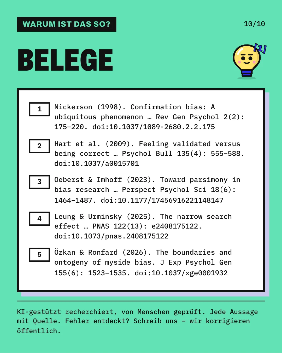 Slide 10: Die Slide listet die 5 Belege mit vollständiger Angabe auf. KI-gestützt recherchiert, von Menschen geprüft. Jede Aussage mit Quelle.