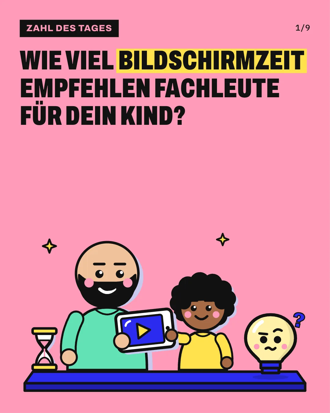 Slide 1: Wie viel Bildschirmzeit empfehlen Fachleute für dein Kind? Eine erwachsene Person mit Glatze, Bart und mintfarbenem Pulli und ein Kind mit Lockenwolke und gelbem Pulli halten gemeinsam ein Tablet und schauen froh darauf; daneben steht eine Sanduhr mit rosa Sand auf der Bühne, rechts steht Kopfi klein mit fragender Miene.