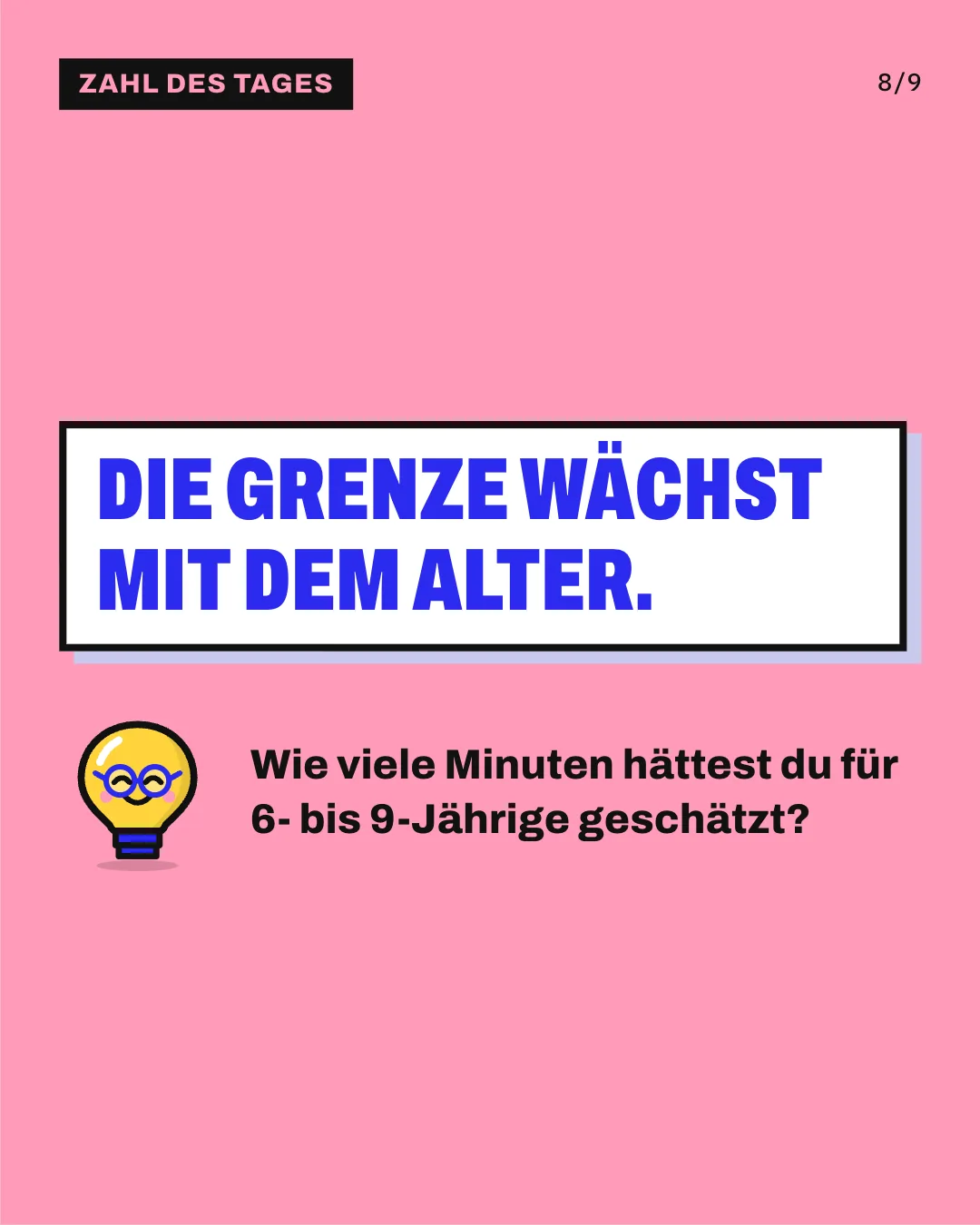 Slide 8: Die Grenze wächst mit dem Alter. Wie viele Minuten hättest du für 6- bis 9-Jährige geschätzt?