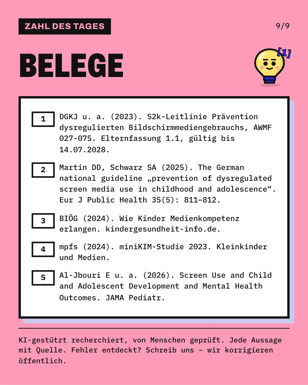 Slide 9: Die Slide listet die 5 Belege mit vollständiger Angabe auf. KI-gestützt recherchiert, von Menschen geprüft. Jede Aussage mit Quelle.