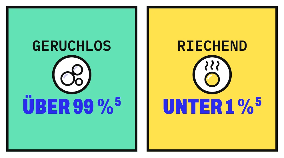Die Grafik stellt 2 Karten nebeneinander. Links steht „Geruchlos“ mit weißen Gasblasen und der Angabe über 99 %, rechts „Riechend“ mit einer gelben Blase und Geruchslinien und der Angabe unter 1 %: So klein ist laut einer Übersichtsarbeit der Anteil der Geruchsstoffe am Darmgas. Im Versuch von 1998 machten die 3 Schwefelgase rund 0,003 % des Gases aus (eigene Umrechnung).