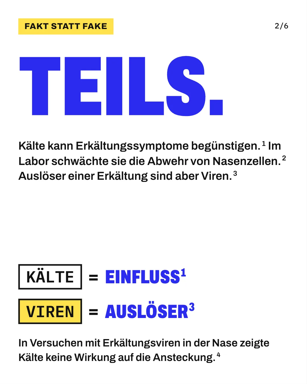 Slide 2: Teils. Kälte kann Erkältungssymptome begünstigen. Im Labor schwächte sie die Abwehr von Nasenzellen. Auslöser einer Erkältung sind aber Viren. Die Grafik setzt „Kälte“ mit „Einfluss“ und „Viren“ mit „Auslöser“ gleich.