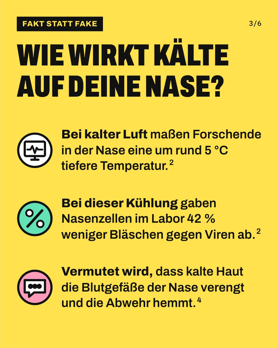 Slide 3: Wie wirkt Kälte auf deine Nase? Bei kalter Luft maßen Forschende in der Nase eine um rund 5 °C tiefere Temperatur. Bei dieser Kühlung gaben Nasenzellen im Labor 42 % weniger Bläschen gegen Viren ab. Vermutet wird, dass kalte Haut die Blutgefäße der Nase verengt und die Abwehr hemmt.