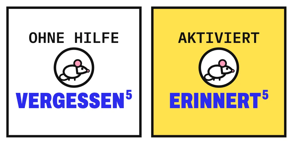 Die Grafik stellt 2 Karten nebeneinander, beide mit einer Versuchsmaus. Links steht „ohne Hilfe“ und darunter „vergessen“, rechts steht „aktiviert“ und darunter „erinnert“. Ob frühe Erinnerungen auch beim Menschen erhalten bleiben, ist bisher offen.