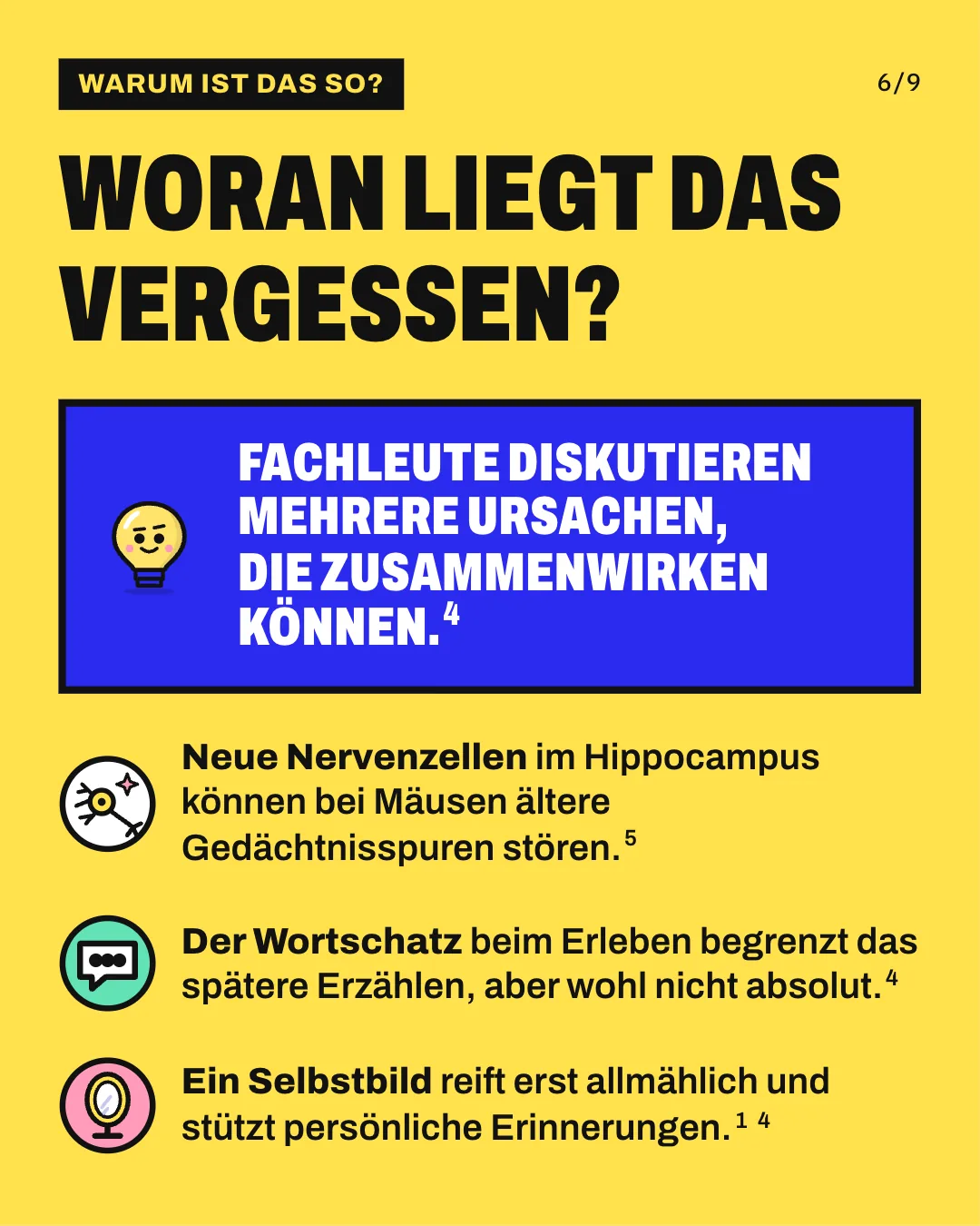 Slide 6: Woran liegt das Vergessen? Neue Nervenzellen im Hippocampus können bei Mäusen ältere Gedächtnisspuren stören. Der Wortschatz beim Erleben begrenzt das spätere Erzählen, aber wohl nicht absolut. Ein Selbstbild reift erst allmählich und stützt persönliche Erinnerungen. Fachleute diskutieren mehrere Ursachen, die zusammenwirken können.