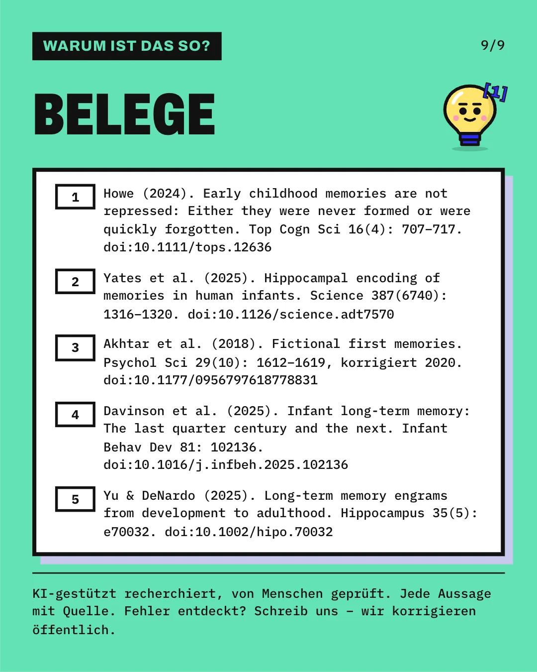 Slide 9: Die Slide listet die 5 Belege mit vollständiger Angabe auf. KI-gestützt recherchiert, von Menschen geprüft. Jede Aussage mit Quelle.