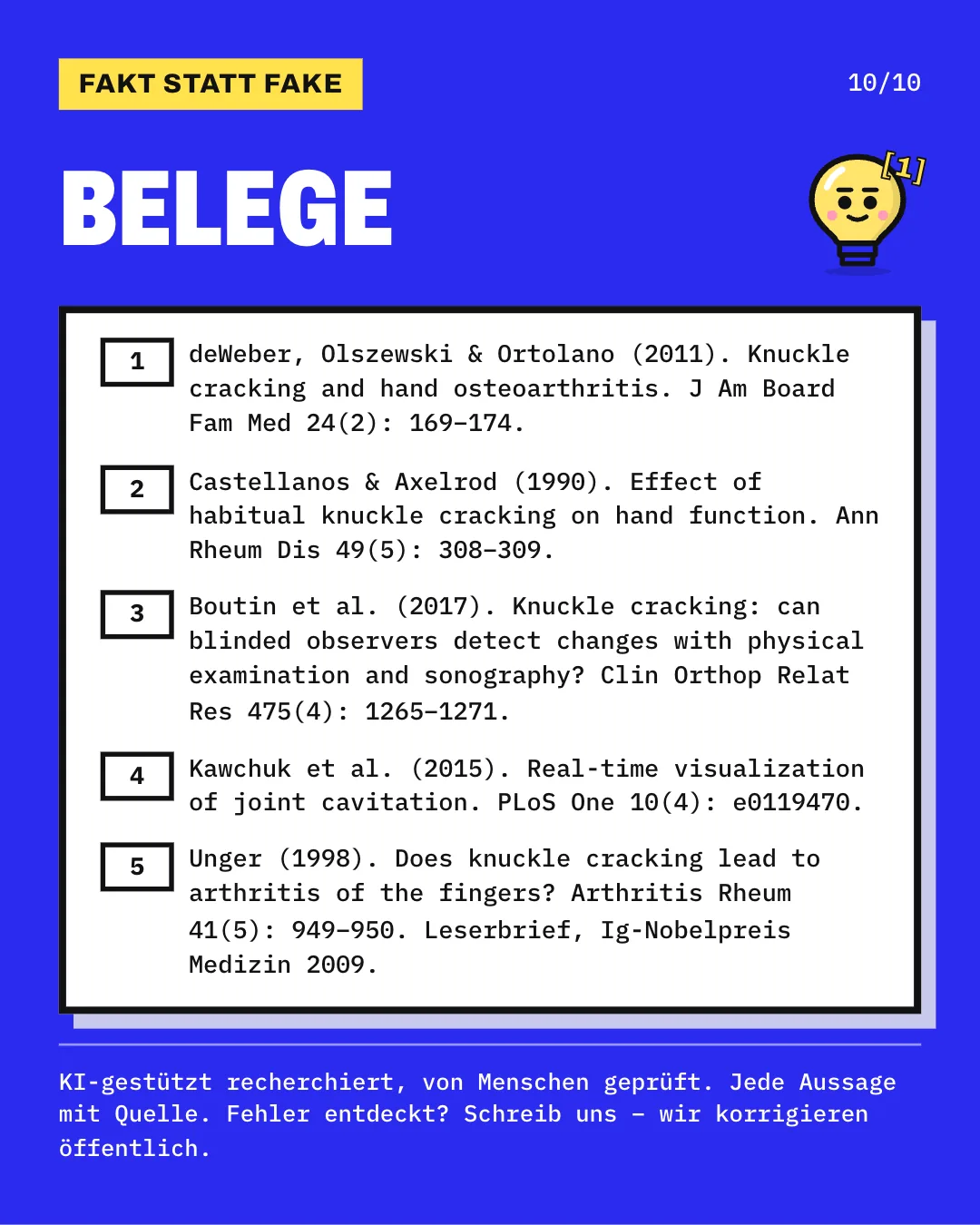 Slide 10: Die Slide listet die 5 Belege mit vollständiger Angabe auf. KI-gestützt recherchiert, von Menschen geprüft. Jede Aussage mit Quelle.