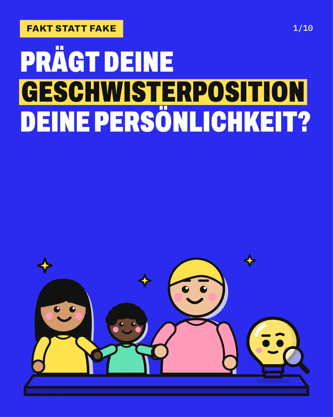 Slide 1: Prägt deine Geschwisterposition deine Persönlichkeit? 3 Geschwister unterschiedlichen Alters stehen nebeneinander auf derselben Bühne und halten sich an den Händen: links ein Kind mit langem Haar und gelbem Pulli, in der Mitte ein kleineres Kind mit Locken und mintfarbenem Pulli, rechts eine ältere Person mit kurzem blondem Haar und rosa Pulli; alle 3 lächeln, daneben steht Kopfi klein mit einer Lupe.