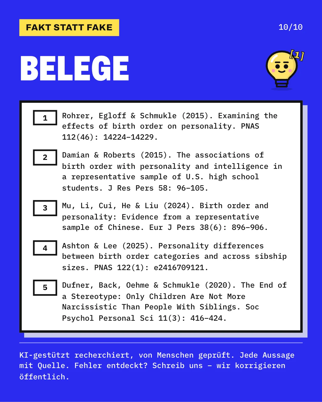 Slide 10: Die Slide listet die 5 Belege mit vollständiger Angabe auf. KI-gestützt recherchiert, von Menschen geprüft. Jede Aussage mit Quelle.