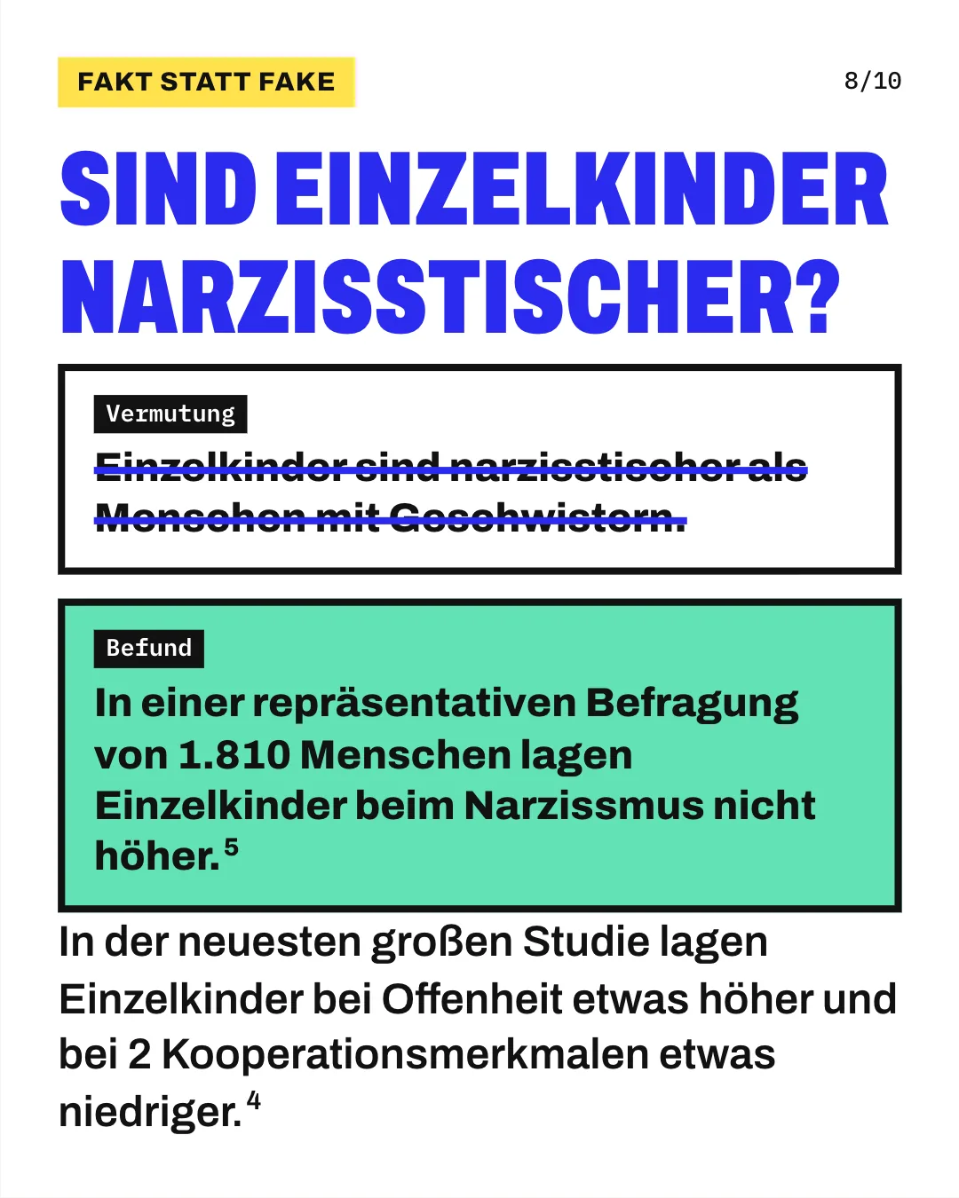 Slide 8: Sind Einzelkinder narzisstischer? In der neuesten großen Studie lagen Einzelkinder bei Offenheit etwas höher und bei 2 Kooperationsmerkmalen etwas niedriger. Die Grafik streicht die Vermutung „Einzelkinder sind narzisstischer als Menschen mit Geschwistern“ durch. Darunter steht als Befund der Satz „In einer repräsentativen Befragung von 1.810 Menschen lagen Einzelkinder beim Narzissmus nicht höher“.