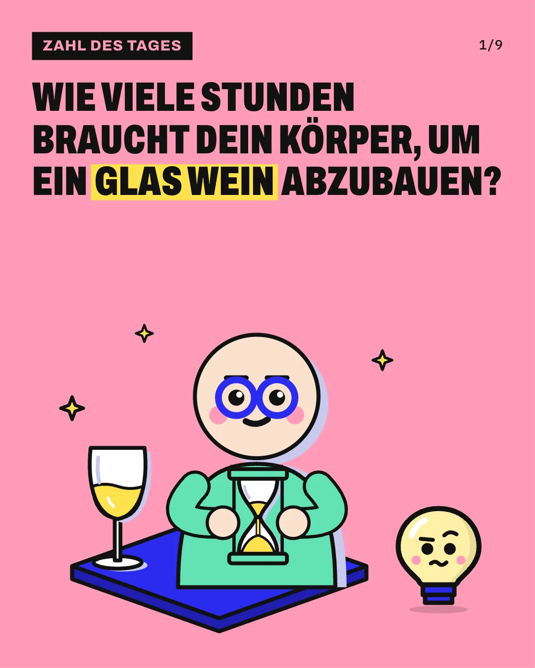 Slide 1: Wie viele Stunden braucht dein Körper, um ein Glas Wein abzubauen? Eine Person mit Glatze, Brille und mintfarbenem Pulli hält eine Sanduhr vor der Brust und schaut konzentriert auf den rinnenden Sand; daneben steht ein Glas Weißwein unberührt auf der Plattform, rechts steht Kopfi klein mit neugieriger Miene.