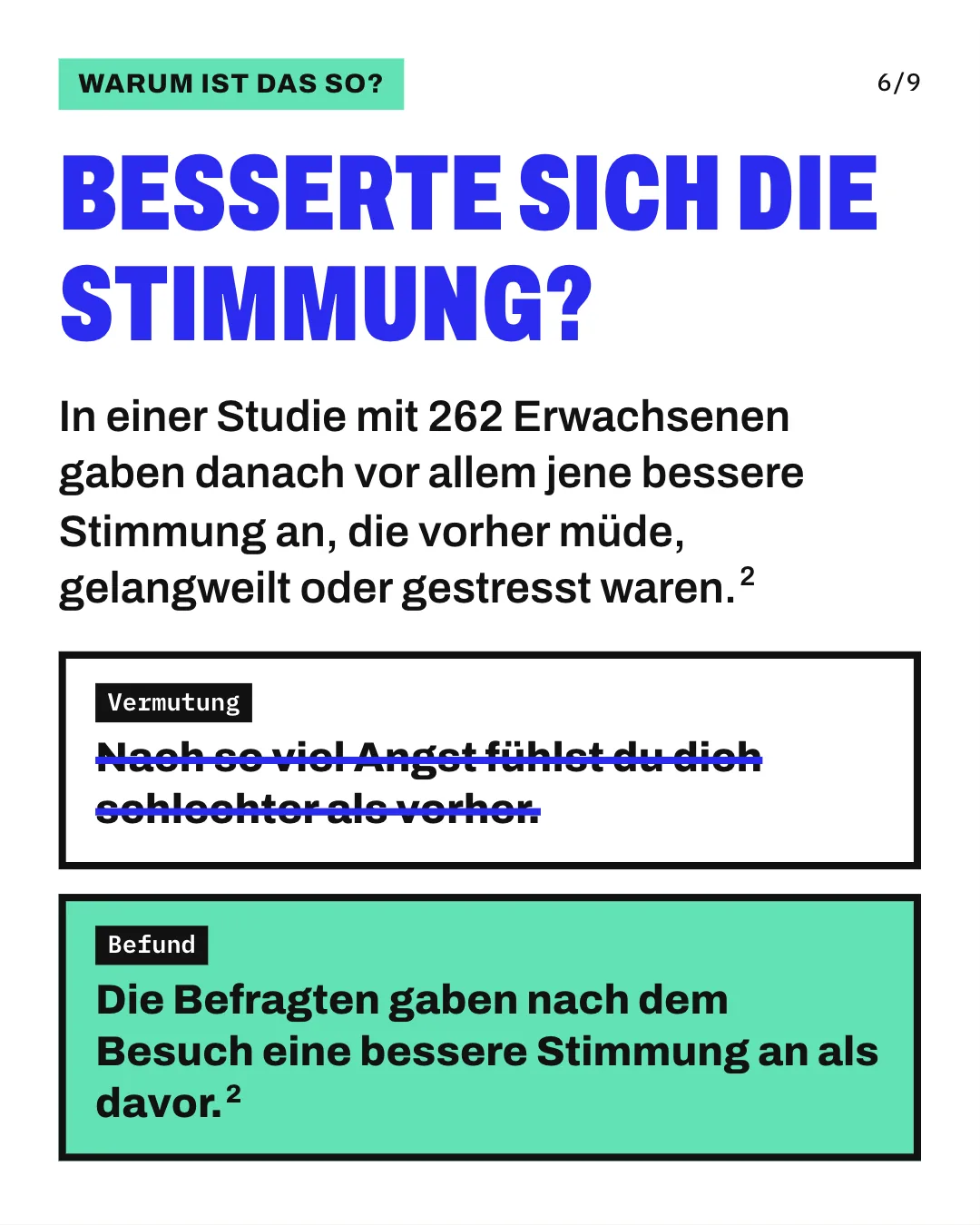 Slide 6: Besserte sich die Stimmung? In einer Studie mit 262 Erwachsenen gaben danach vor allem jene bessere Stimmung an, die vorher müde, gelangweilt oder gestresst waren. Die Grafik stellt eine Vermutung und einen Befund untereinander. Durchgestrichen ist die Vermutung, nach so viel Angst fühle man sich schlechter als vorher. Darunter steht der Befund einer Studie: Die Befragten gaben nach dem Besuch eines Gruselhauses eine bessere Stimmung an als davor.