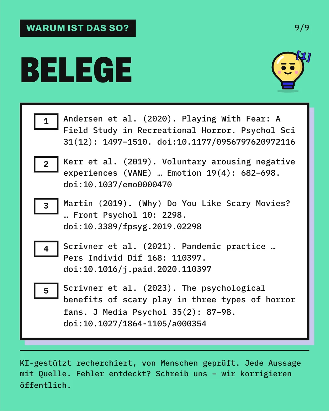 Slide 9: Die Slide listet die 5 Belege mit vollständiger Angabe auf. KI-gestützt recherchiert, von Menschen geprüft. Jede Aussage mit Quelle.