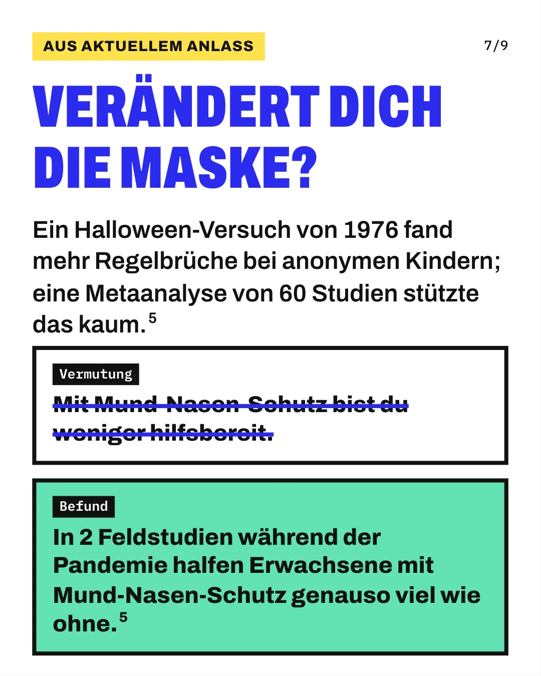 Slide 7: Verändert dich die Maske? Ein Halloween-Versuch von 1976 fand mehr Regelbrüche bei anonymen Kindern; eine Metaanalyse von 60 Studien stützte das kaum. Die Grafik stellt eine Vermutung und einen Befund untereinander. Durchgestrichen ist die Vermutung, mit Mund-Nasen-Schutz sei man weniger hilfsbereit. Darunter steht der Befund: In 2 Feldstudien während der Pandemie halfen Erwachsene mit Mund-Nasen-Schutz genauso viel wie Erwachsene ohne.