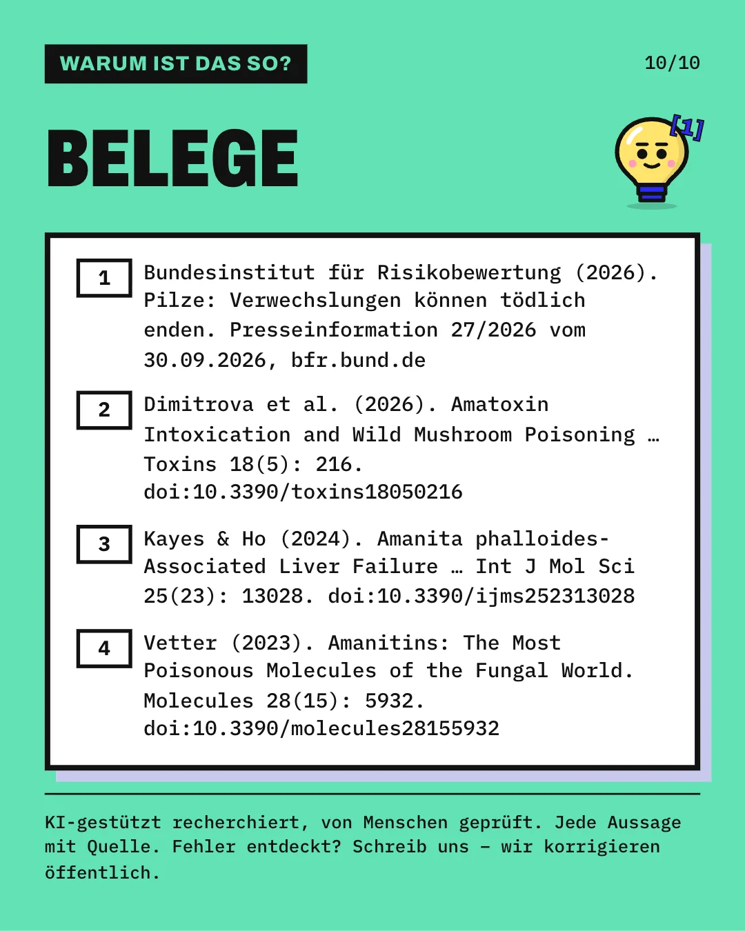 Slide 10: Die Slide listet die 4 Belege mit vollständiger Angabe auf. KI-gestützt recherchiert, von Menschen geprüft. Jede Aussage mit Quelle.