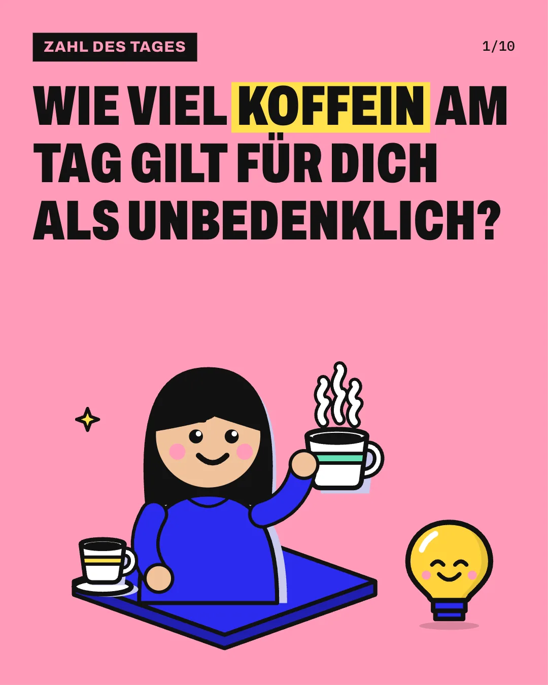 Slide 1: Wie viel Koffein am Tag gilt für dich als unbedenklich? Eine Person mit langem dunklem Haar und blauem Pulli steht ruhig da, hält eine große dampfende Tasse Kaffee seitlich hoch und betrachtet sie neugierig; vorn auf der Plattform steht ein kleiner Espresso auf seiner Untertasse; daneben steht Kopfi klein mit leuchtender Miene.