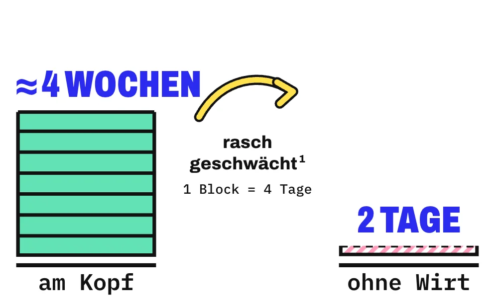 Die Grafik zeigt 2 Türme aus Blöcken, 1 Block steht für 4 Tage. Am Kopf lebt ein Lausweibchen etwa 4 Wochen, das sind 7 Blöcke; ohne Wirt überleben Läuse bei Zimmertemperatur meist höchstens 2 Tage, das ist ein halber Block.