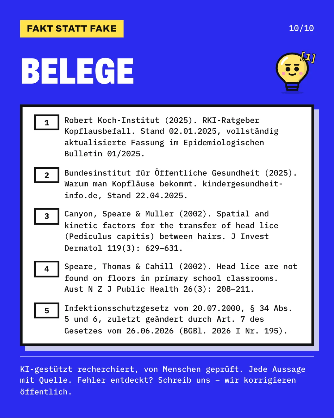 Slide 10: Die Slide listet die 5 Belege mit vollständiger Angabe auf. KI-gestützt recherchiert, von Menschen geprüft. Jede Aussage mit Quelle.