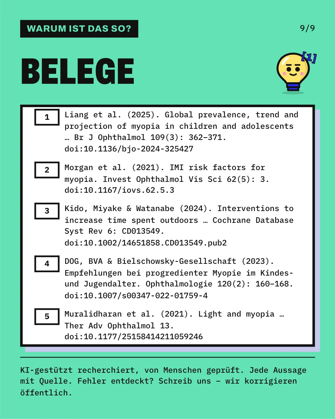 Slide 9: Die Slide listet die 5 Belege mit vollständiger Angabe auf. KI-gestützt recherchiert, von Menschen geprüft. Jede Aussage mit Quelle.