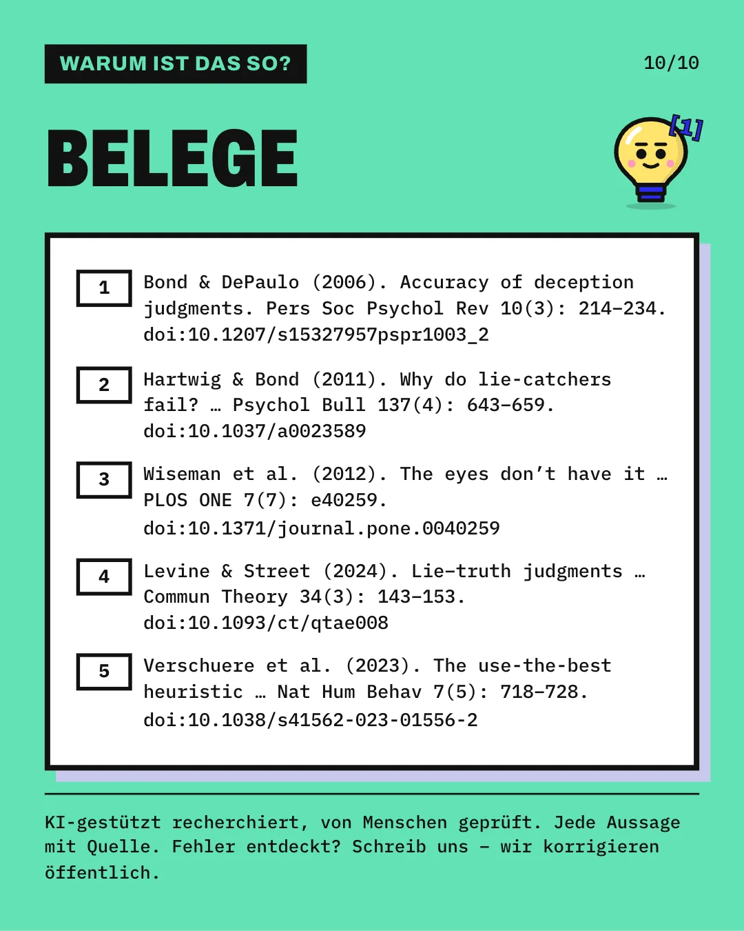 Slide 10: Die Slide listet die 5 Belege mit vollständiger Angabe auf. KI-gestützt recherchiert, von Menschen geprüft. Jede Aussage mit Quelle.