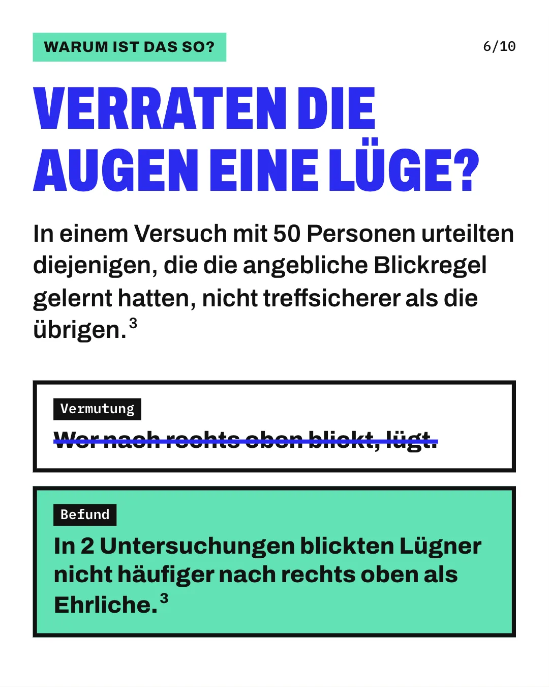 Slide 6: Verraten die Augen eine Lüge? In einem Versuch mit 50 Personen urteilten diejenigen, die die angebliche Blickregel gelernt hatten, nicht treffsicherer als die übrigen. Die Grafik streicht die Vermutung „Wer nach rechts oben blickt, lügt“ durch. Darunter steht als Befund der Satz „In 2 Untersuchungen blickten Lügner nicht häufiger nach rechts oben als Ehrliche“.