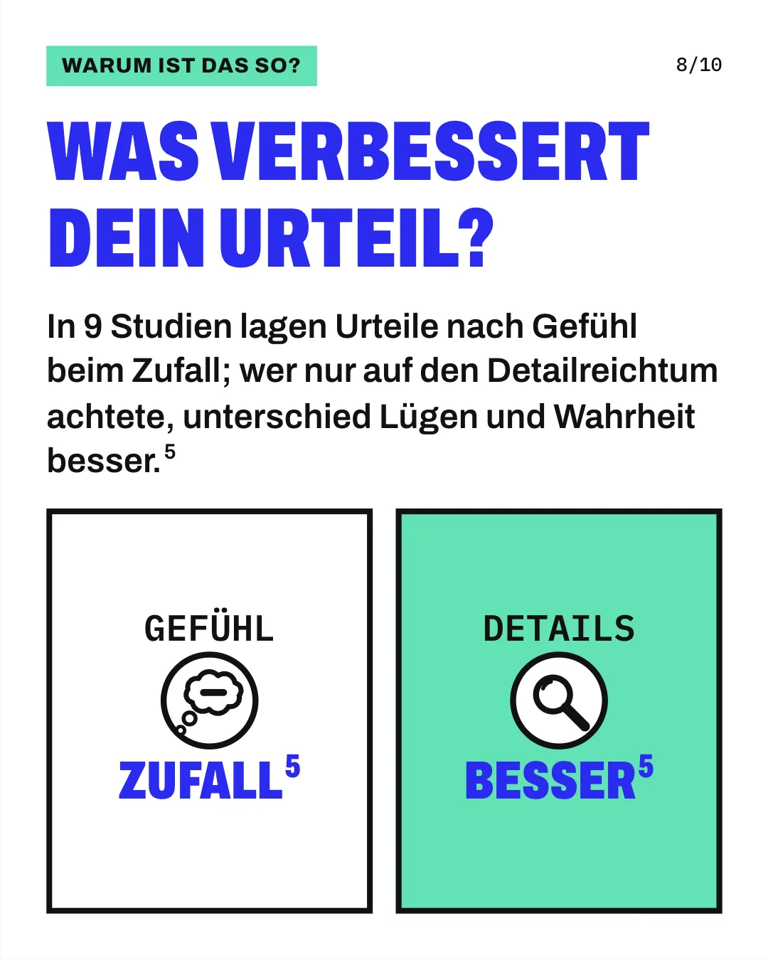 Slide 8: Was verbessert dein Urteil? In 9 Studien lagen Urteile nach Gefühl beim Zufall; wer nur auf den Detailreichtum achtete, unterschied Lügen und Wahrheit besser. Die Grafik stellt 2 Karten gegenüber. Links steht „Gefühl“ mit einer Gedankenblase: Urteile nach Gefühl lagen in 9 Studien beim Zufall. Rechts steht „Details“ mit einer Lupe: Wer nur auf den Detailreichtum einer Aussage achtete, unterschied Lügen und Wahrheit besser.