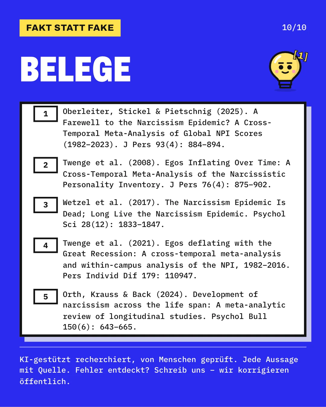 Slide 10: Die Slide listet die 5 Belege mit vollständiger Angabe auf. KI-gestützt recherchiert, von Menschen geprüft. Jede Aussage mit Quelle.