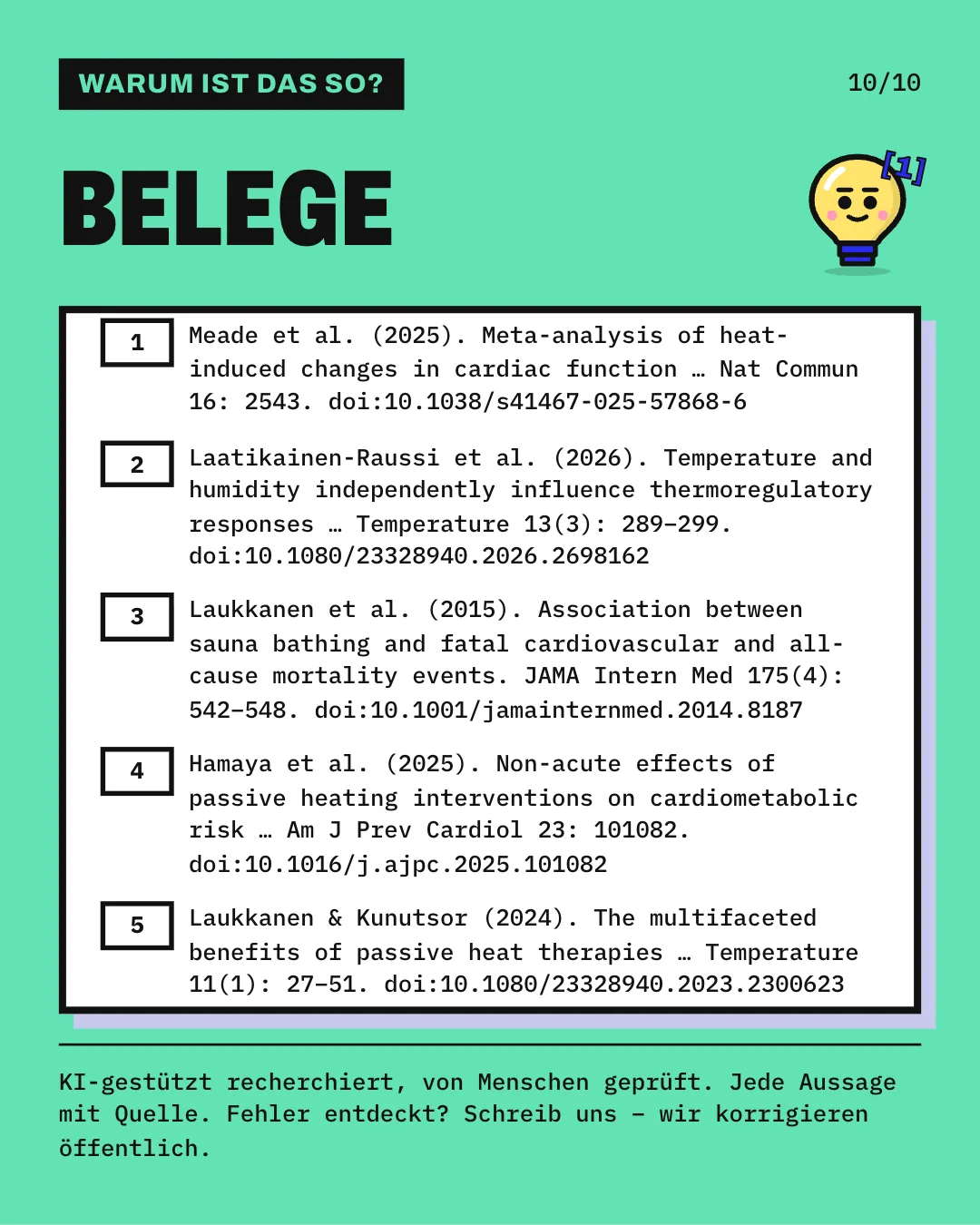Slide 10: Die Slide listet die 5 Belege mit vollständiger Angabe auf. KI-gestützt recherchiert, von Menschen geprüft. Jede Aussage mit Quelle.