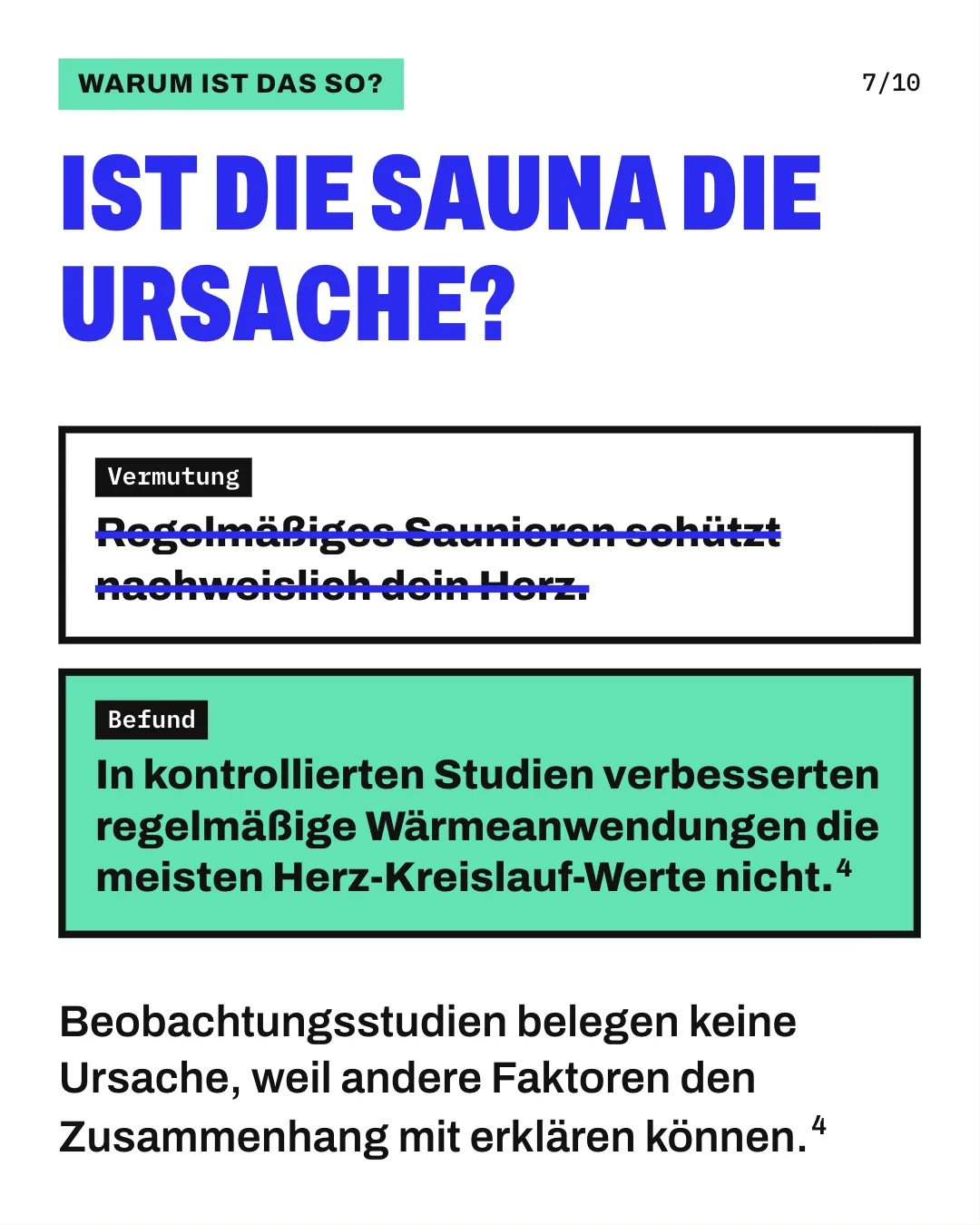 Slide 7: Ist die Sauna die Ursache? Beobachtungsstudien belegen keine Ursache, weil andere Faktoren den Zusammenhang mit erklären können. Die Grafik stellt eine Vermutung und einen Befund untereinander. Durchgestrichen ist die Vermutung, regelmäßiges Saunieren schütze nachweislich das Herz. Darunter steht der Befund: In kontrollierten Studien verbesserten regelmäßige Wärmeanwendungen die meisten Herz-Kreislauf-Werte nicht.