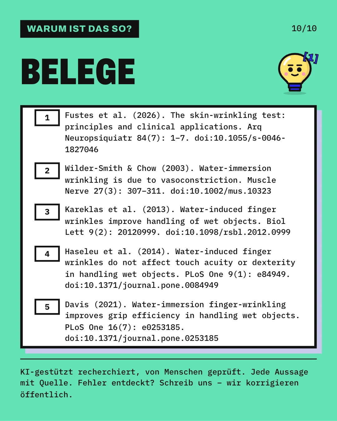 Slide 10: Die Slide listet die 5 Belege mit vollständiger Angabe auf. KI-gestützt recherchiert, von Menschen geprüft. Jede Aussage mit Quelle.