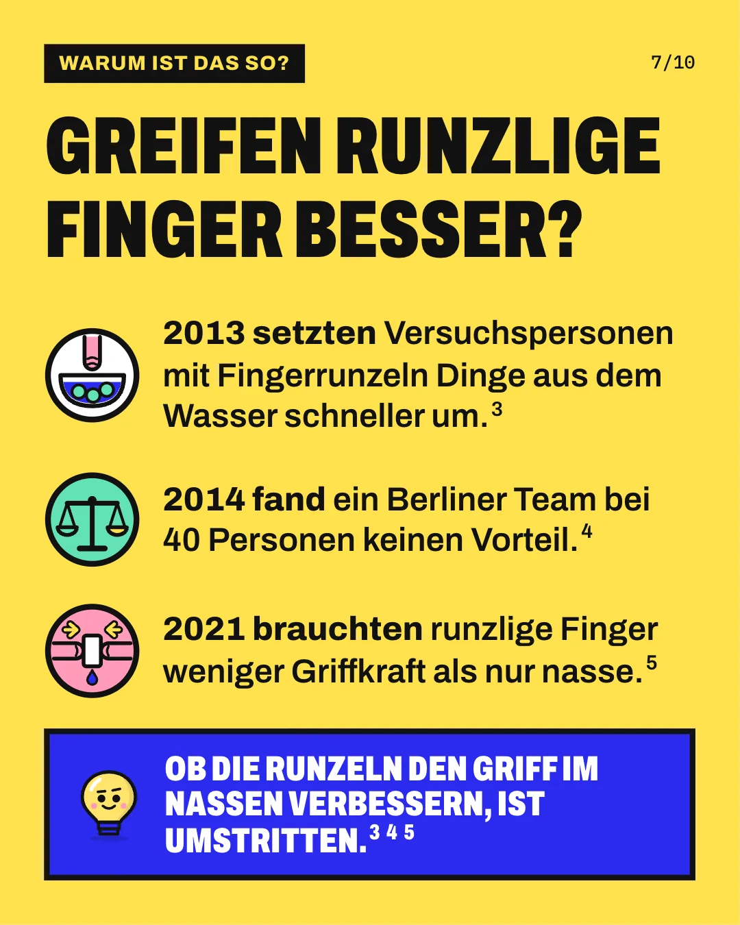 Slide 7: Greifen runzlige Finger besser? 2013 setzten Versuchspersonen mit Fingerrunzeln Dinge aus dem Wasser schneller um. 2014 fand ein Berliner Team bei 40 Personen keinen Vorteil. 2021 brauchten runzlige Finger weniger Griffkraft als nur nasse. Ob die Runzeln den Griff im Nassen verbessern, ist umstritten.