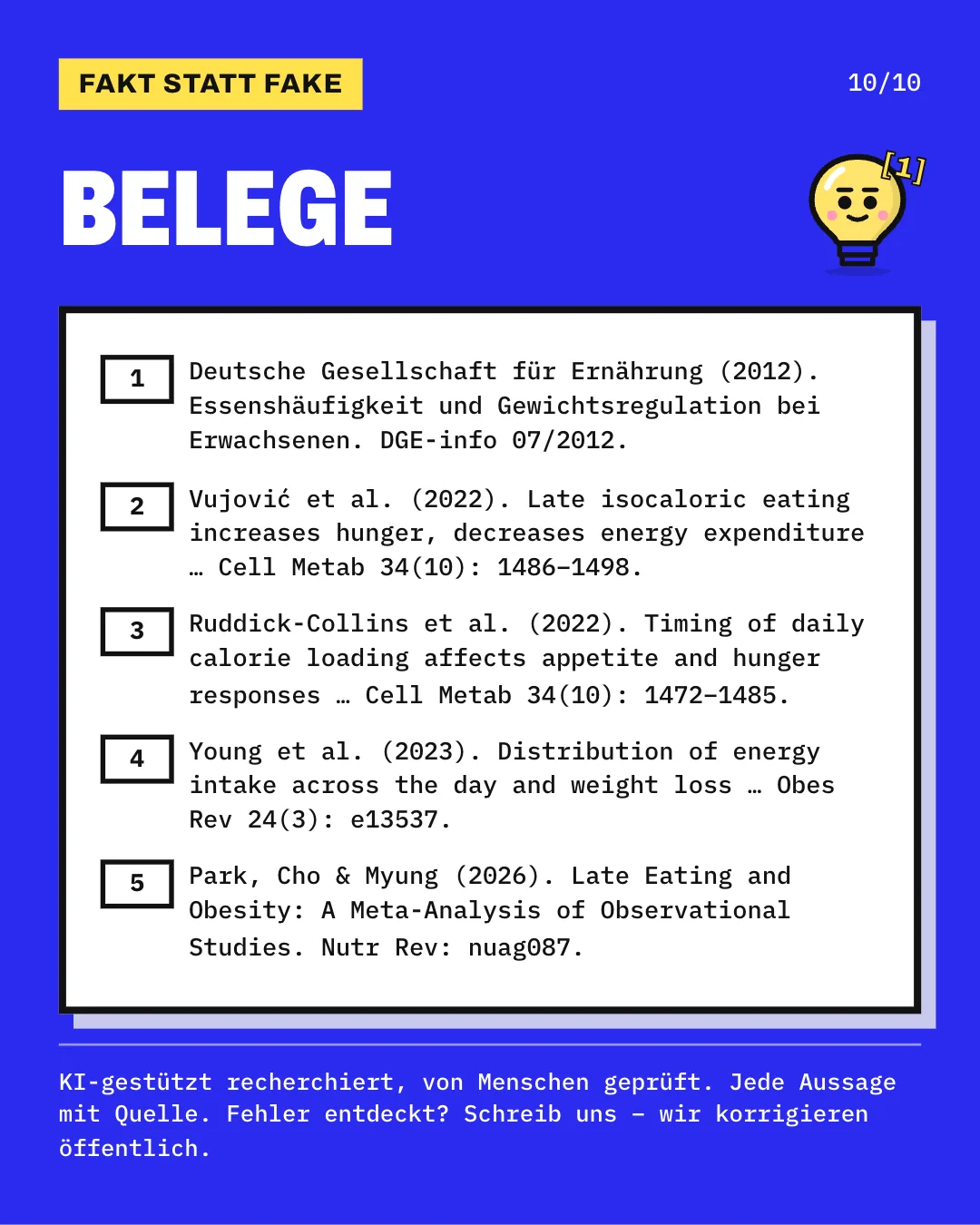 Slide 10: Die Slide listet die 5 Belege mit vollständiger Angabe auf. KI-gestützt recherchiert, von Menschen geprüft. Jede Aussage mit Quelle.