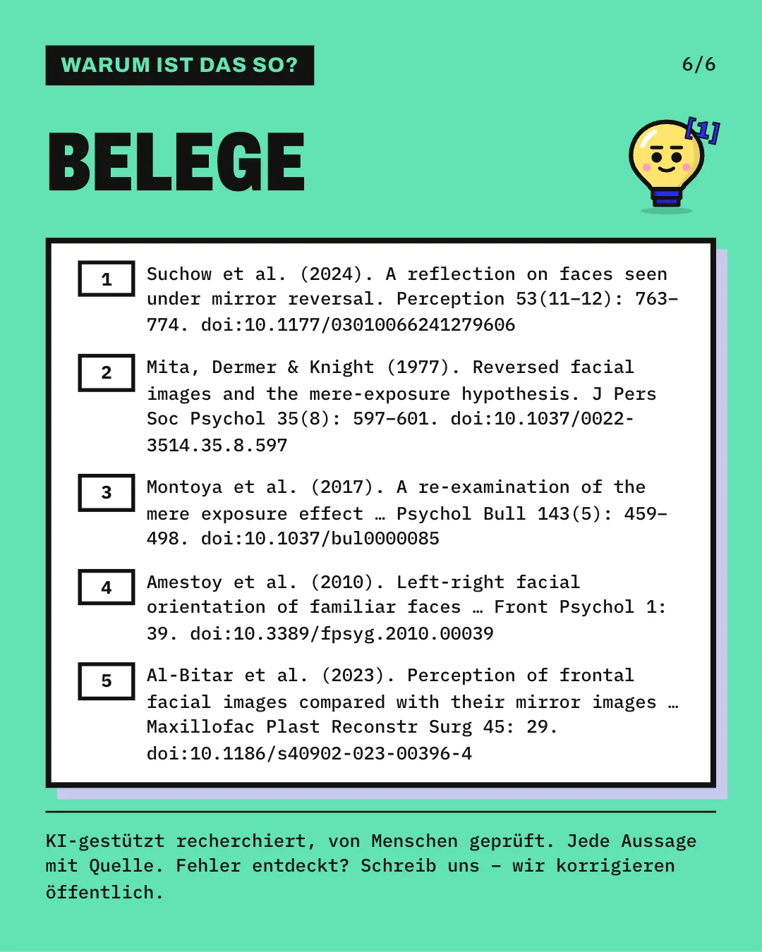 Slide 6: Die Slide listet die 5 Belege mit vollständiger Angabe auf. KI-gestützt recherchiert, von Menschen geprüft. Jede Aussage mit Quelle.