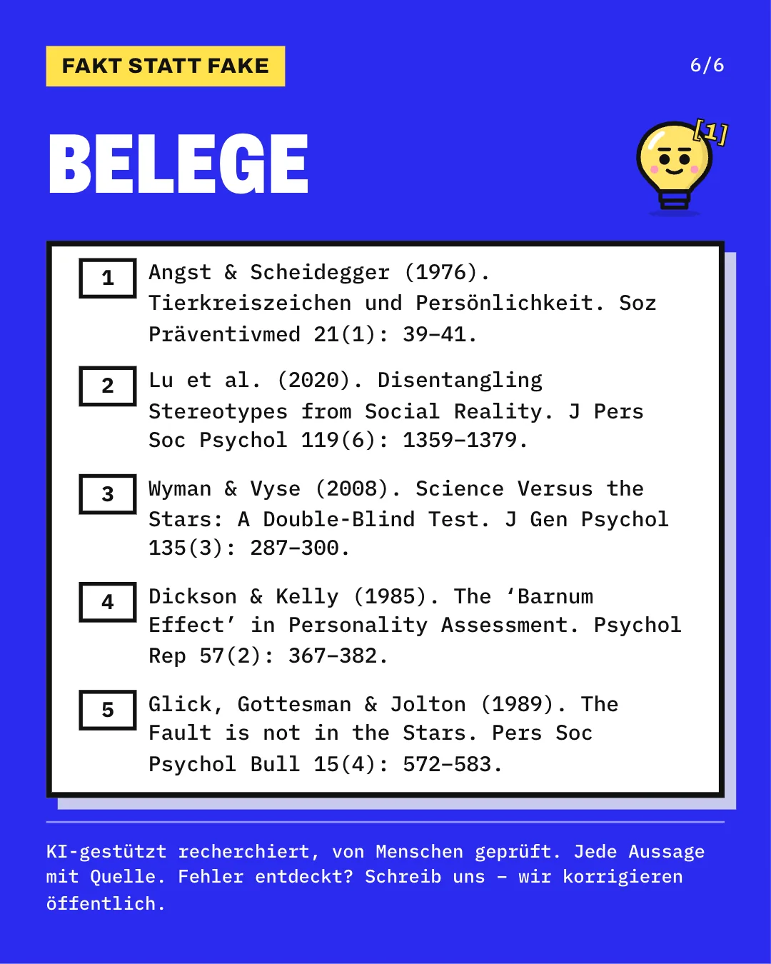 Slide 6: Die Slide listet die 5 Belege mit vollständiger Angabe auf. KI-gestützt recherchiert, von Menschen geprüft. Jede Aussage mit Quelle.