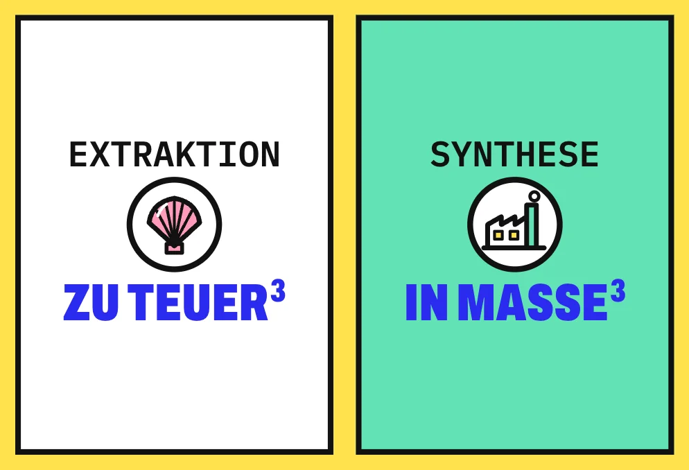 Die Grafik stellt 2 Karten gegenüber: links die Extraktion aus Naturprodukten mit einer Muschel als Bild, sie gilt als zu teuer; rechts die chemische Synthese mit einem Chemiewerk als Bild, sie eignet sich für die Herstellung großer Mengen.