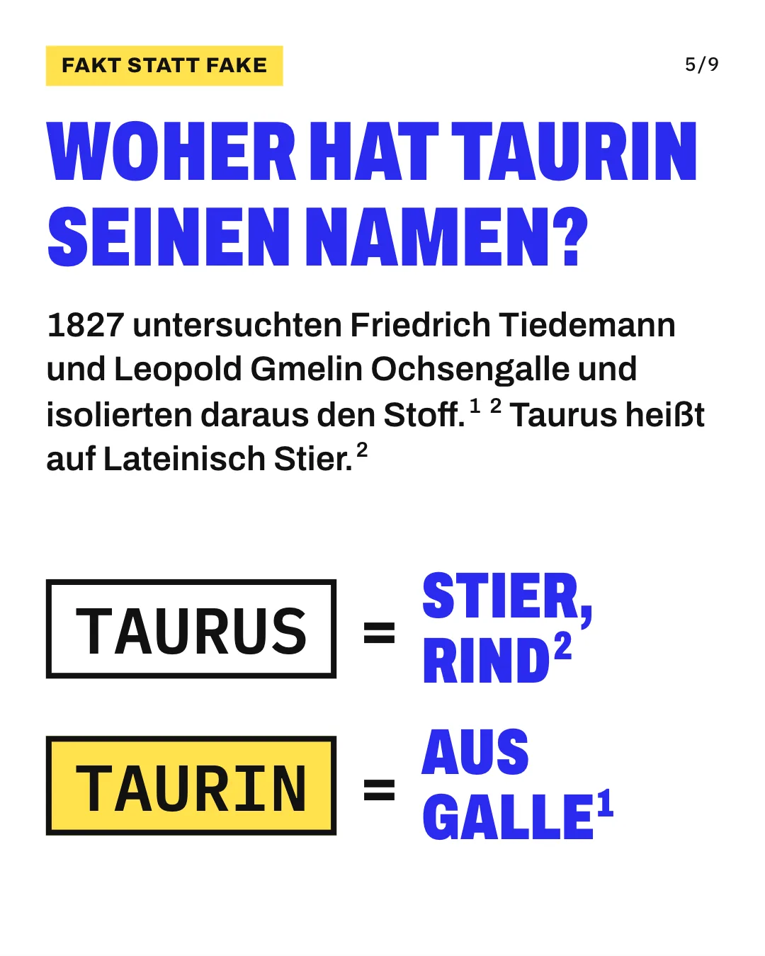 Slide 5: Woher hat Taurin seinen Namen? 1827 untersuchten Friedrich Tiedemann und Leopold Gmelin Ochsengalle und isolierten daraus den Stoff. Taurus heißt auf Lateinisch Stier. Die Grafik setzt „Taurus“ mit „Stier, Rind“ und „Taurin“ mit „aus Galle“ gleich.