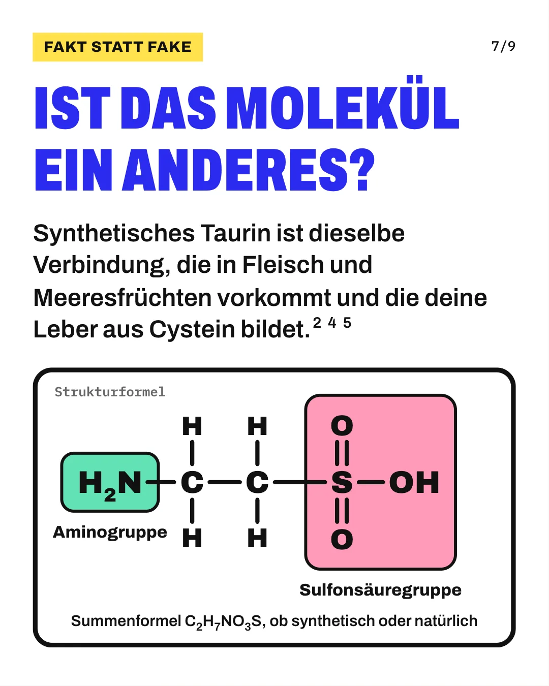 Slide 7: Ist das Molekül ein anderes? Synthetisches Taurin ist dieselbe Verbindung, die in Fleisch und Meeresfrüchten vorkommt und die deine Leber aus Cystein bildet. Strukturformel von Taurin: eine Aminogruppe, mintfarben hinterlegt, 2 Kohlenstoffatome mit je 2 Wasserstoffatomen und eine Sulfonsäuregruppe aus Schwefel, 2 doppelt gebundenen Sauerstoffatomen und einer OH-Gruppe, rosa hinterlegt. Darunter steht die Summenformel C2H7NO3S, die für synthetisches und natürliches Taurin gleich ist.