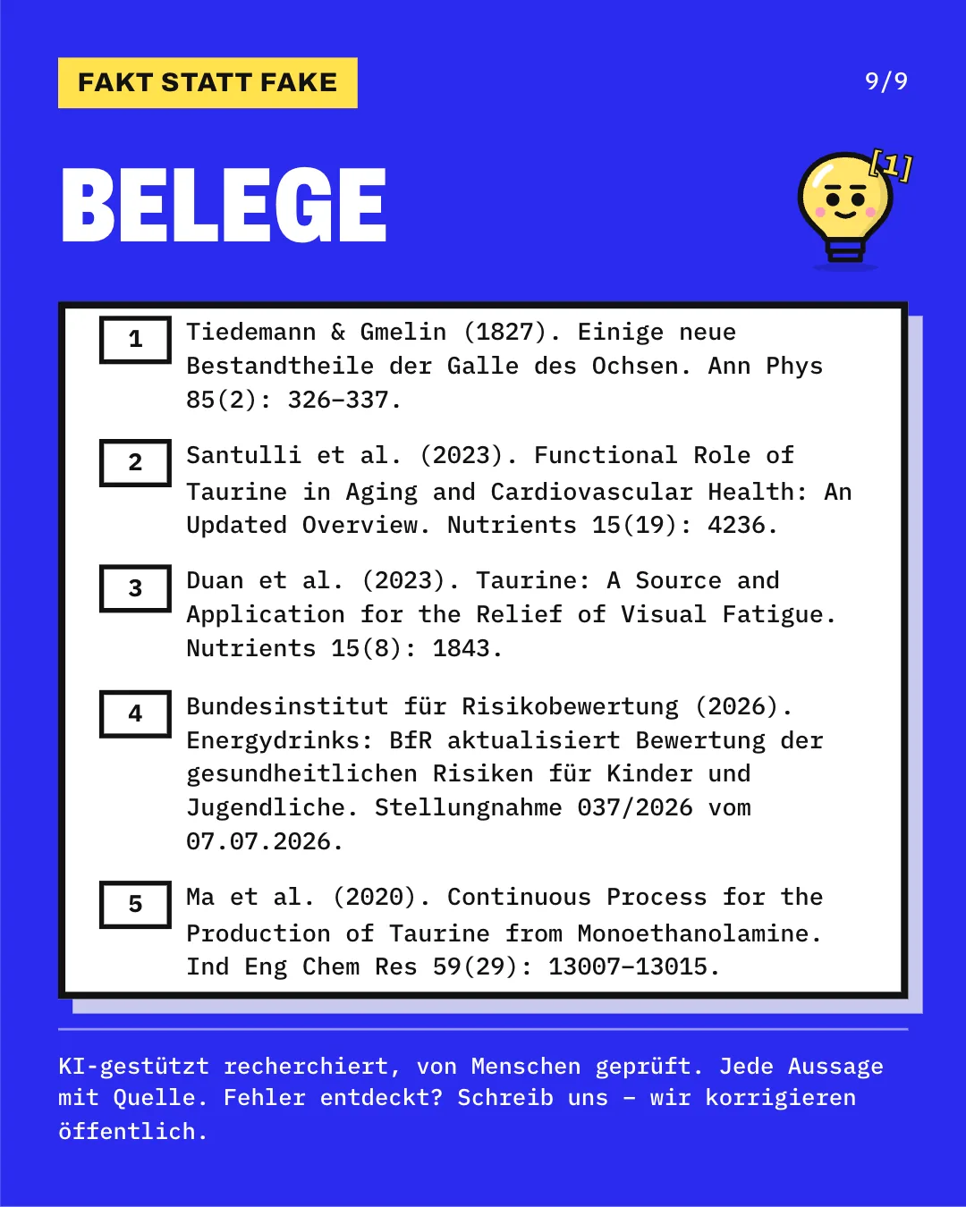 Slide 9: Die Slide listet die 5 Belege mit vollständiger Angabe auf. KI-gestützt recherchiert, von Menschen geprüft. Jede Aussage mit Quelle.