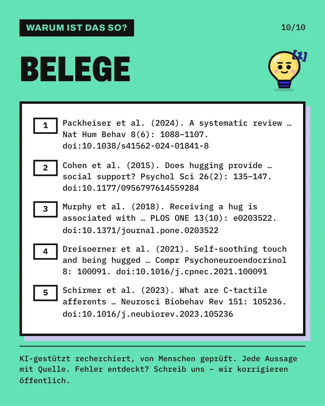 Slide 10: Die Slide listet die 5 Belege mit vollständiger Angabe auf. KI-gestützt recherchiert, von Menschen geprüft. Jede Aussage mit Quelle.