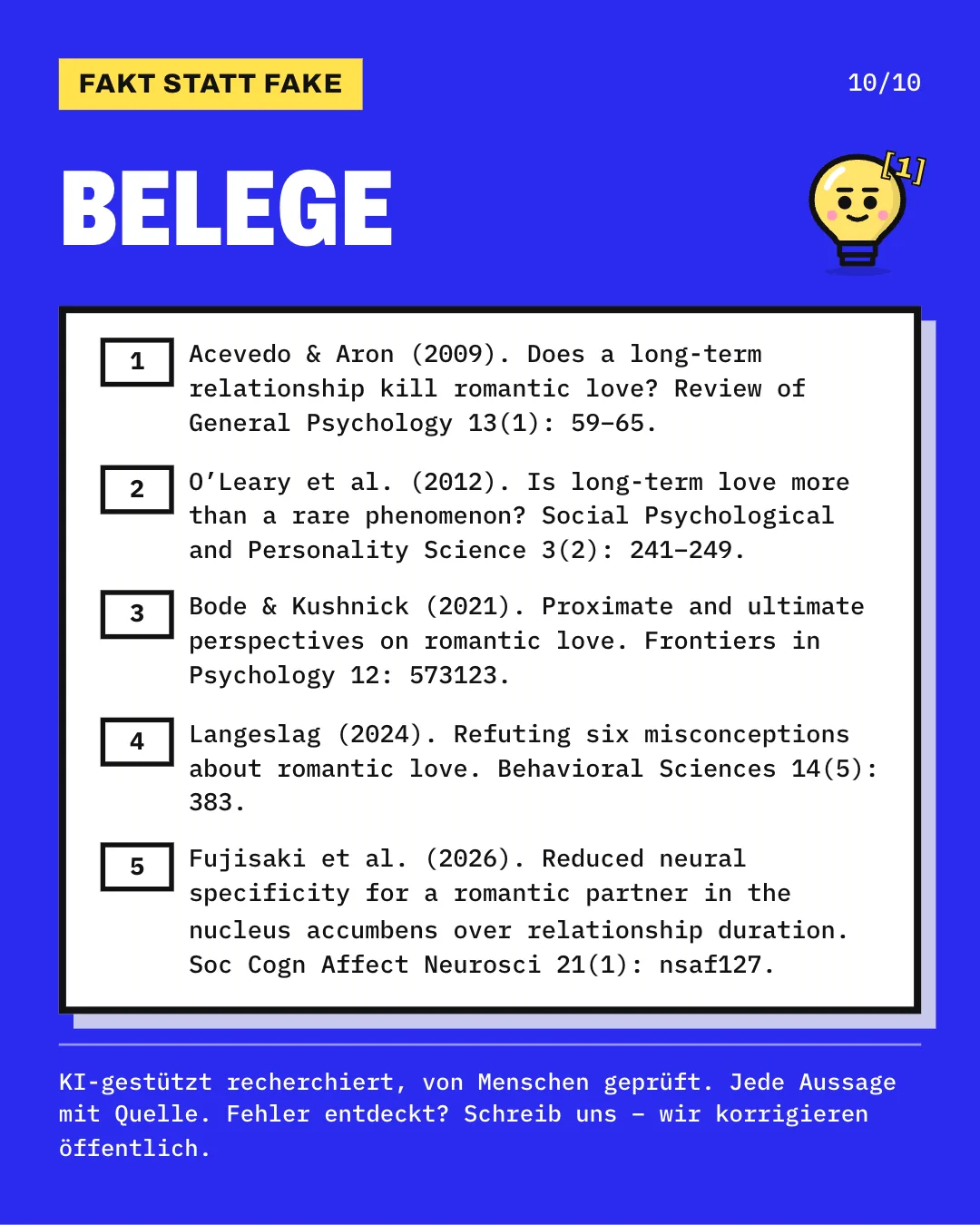 Slide 10: Die Slide listet die 5 Belege mit vollständiger Angabe auf. KI-gestützt recherchiert, von Menschen geprüft. Jede Aussage mit Quelle.