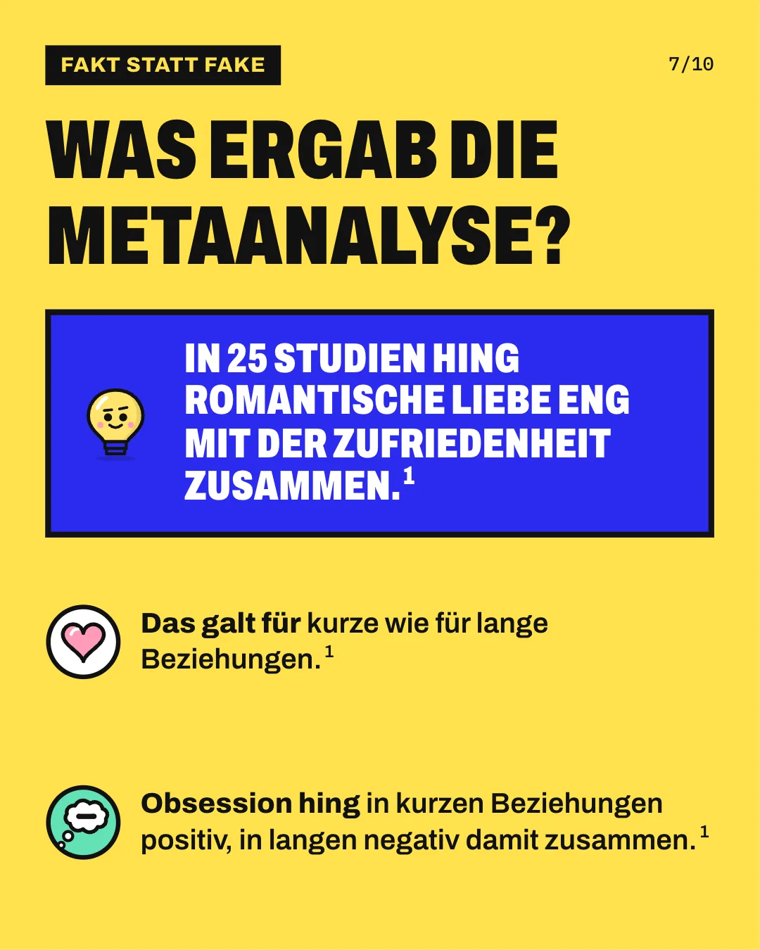 Slide 7: Was ergab die Metaanalyse? Das galt für kurze wie für lange Beziehungen. Obsession hing in kurzen Beziehungen positiv, in langen negativ damit zusammen. In 25 Studien hing romantische Liebe eng mit der Zufriedenheit zusammen.