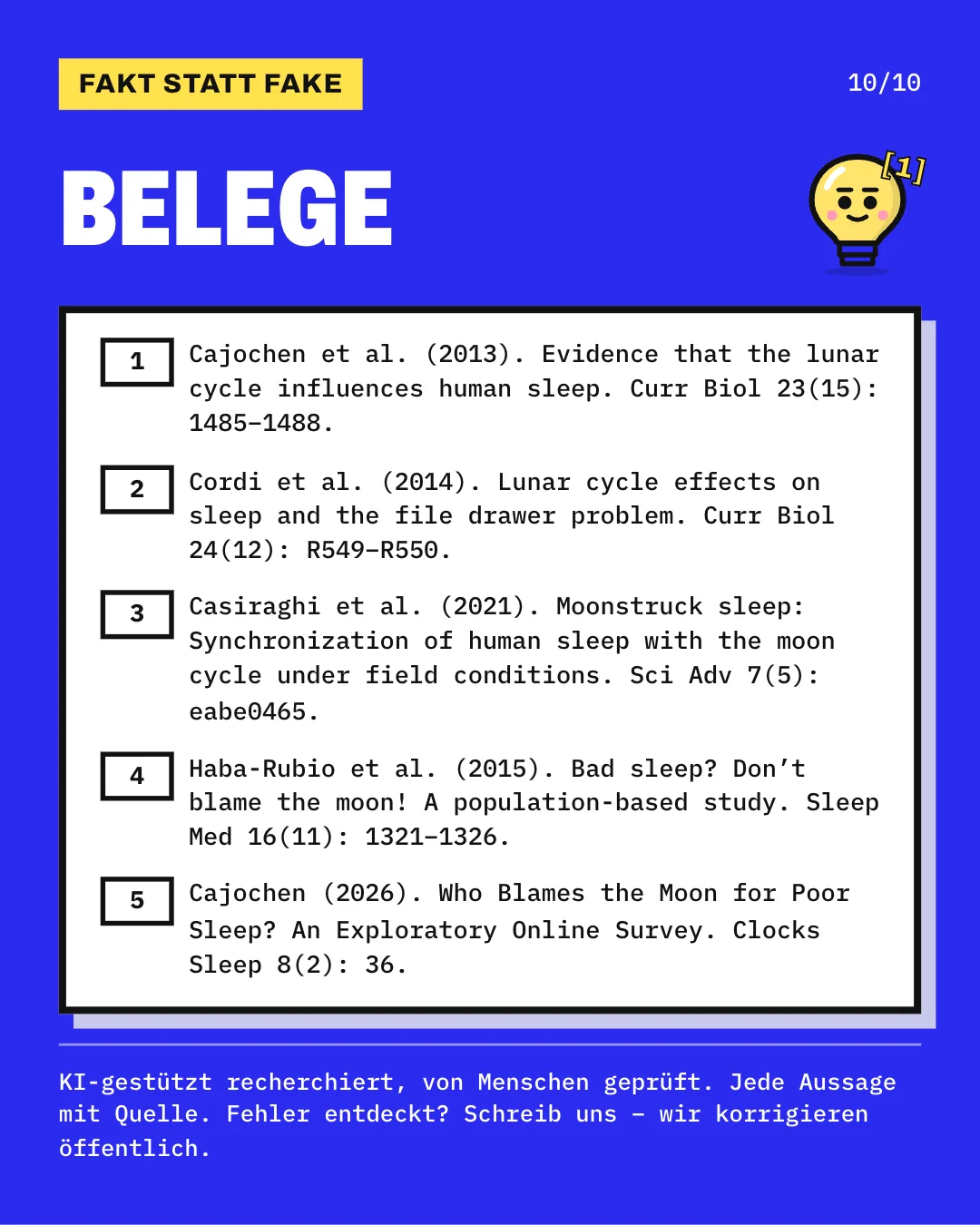 Slide 10: Die Slide listet die 5 Belege mit vollständiger Angabe auf. KI-gestützt recherchiert, von Menschen geprüft. Jede Aussage mit Quelle.