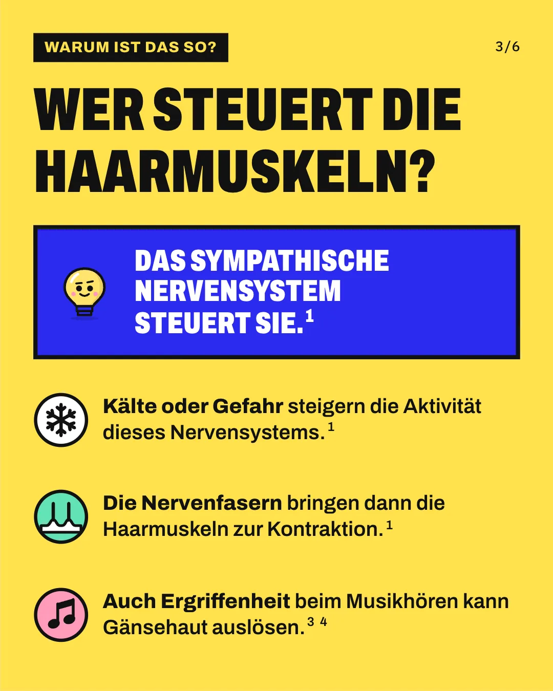 Slide 3: Wer steuert die Haarmuskeln? Kälte oder Gefahr steigern die Aktivität dieses Nervensystems. Die Nervenfasern bringen dann die Haarmuskeln zur Kontraktion. Auch Ergriffenheit beim Musikhören kann Gänsehaut auslösen. Das sympathische Nervensystem steuert sie.