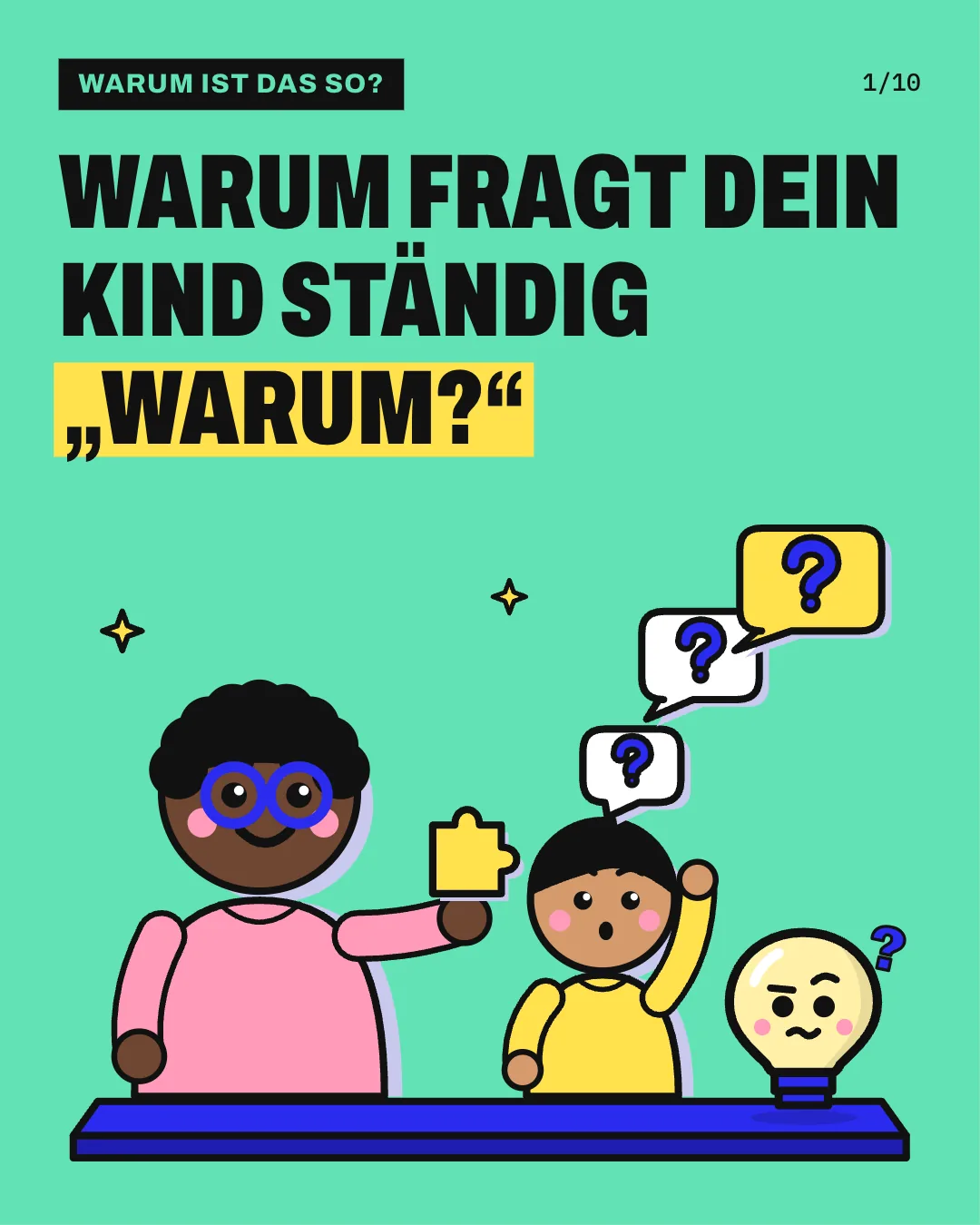 Slide 1: Warum fragt dein Kind ständig „Warum?“ Ein Kind mit kurzem Haar und gelbem Pulli staunt und fragt, über ihm steigen 3 Sprechblasen mit Fragezeichen auf; eine erwachsene Person mit Locken, Brille und rosa Pulli reicht ihm lächelnd ein gelbes Puzzleteil als Erklärung; daneben steht Kopfi klein mit fragender Miene.
