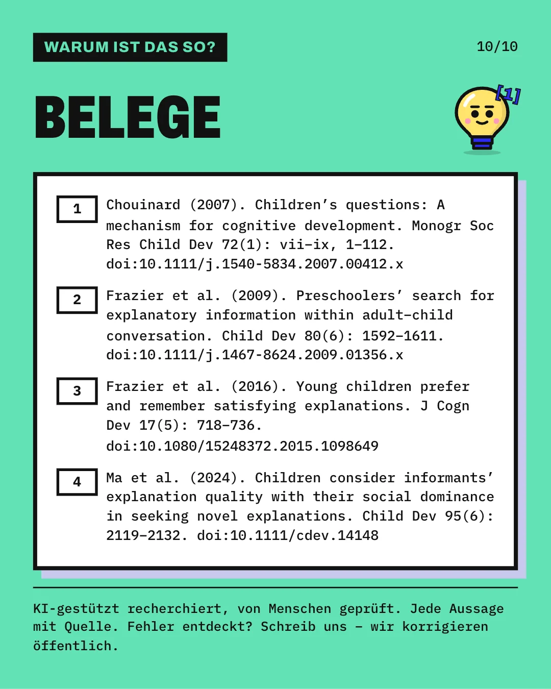 Slide 10: Die Slide listet die 4 Belege mit vollständiger Angabe auf. KI-gestützt recherchiert, von Menschen geprüft. Jede Aussage mit Quelle.