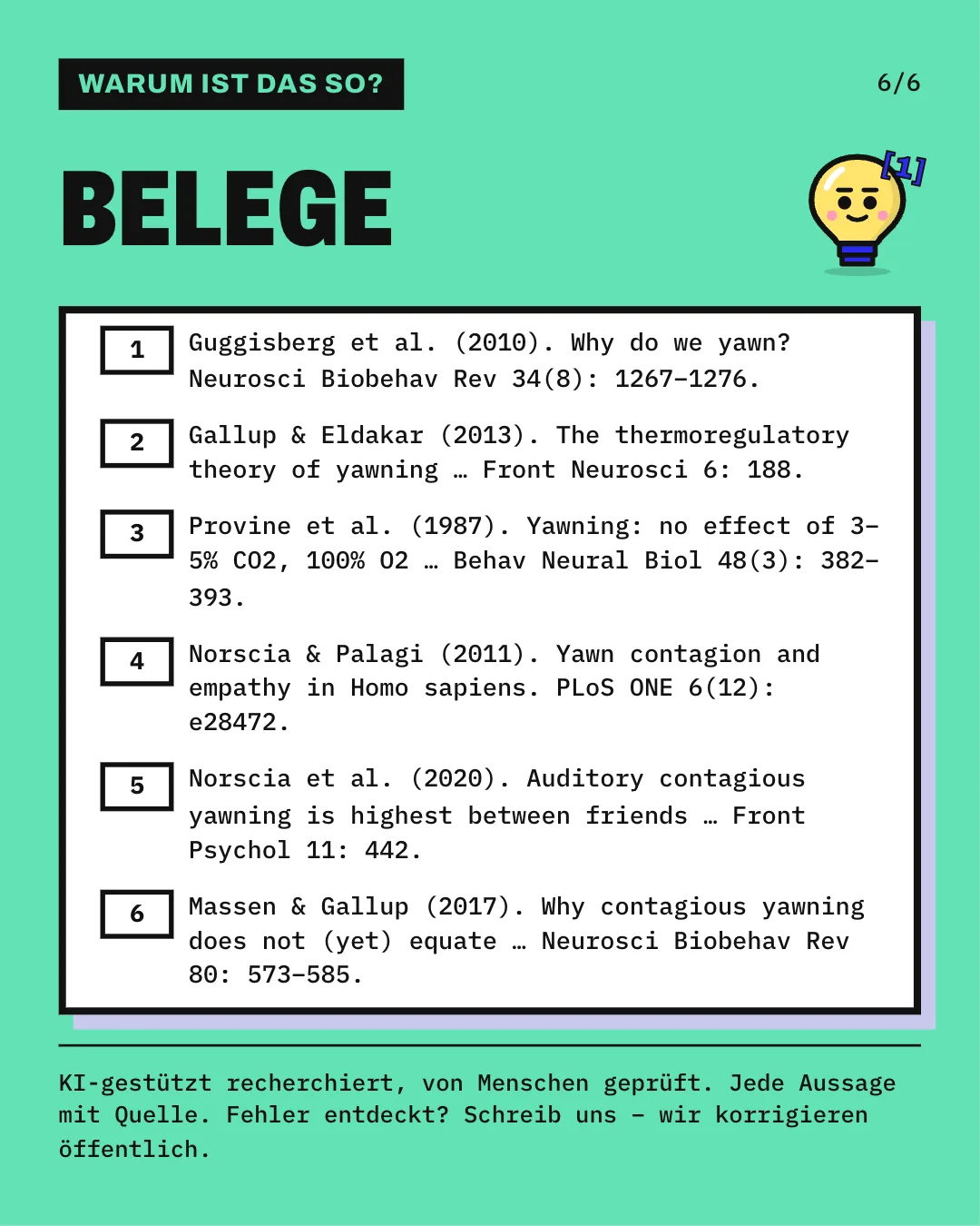 Slide 6: Die Slide listet die 6 Belege mit vollständiger Angabe auf. KI-gestützt recherchiert, von Menschen geprüft. Jede Aussage mit Quelle.